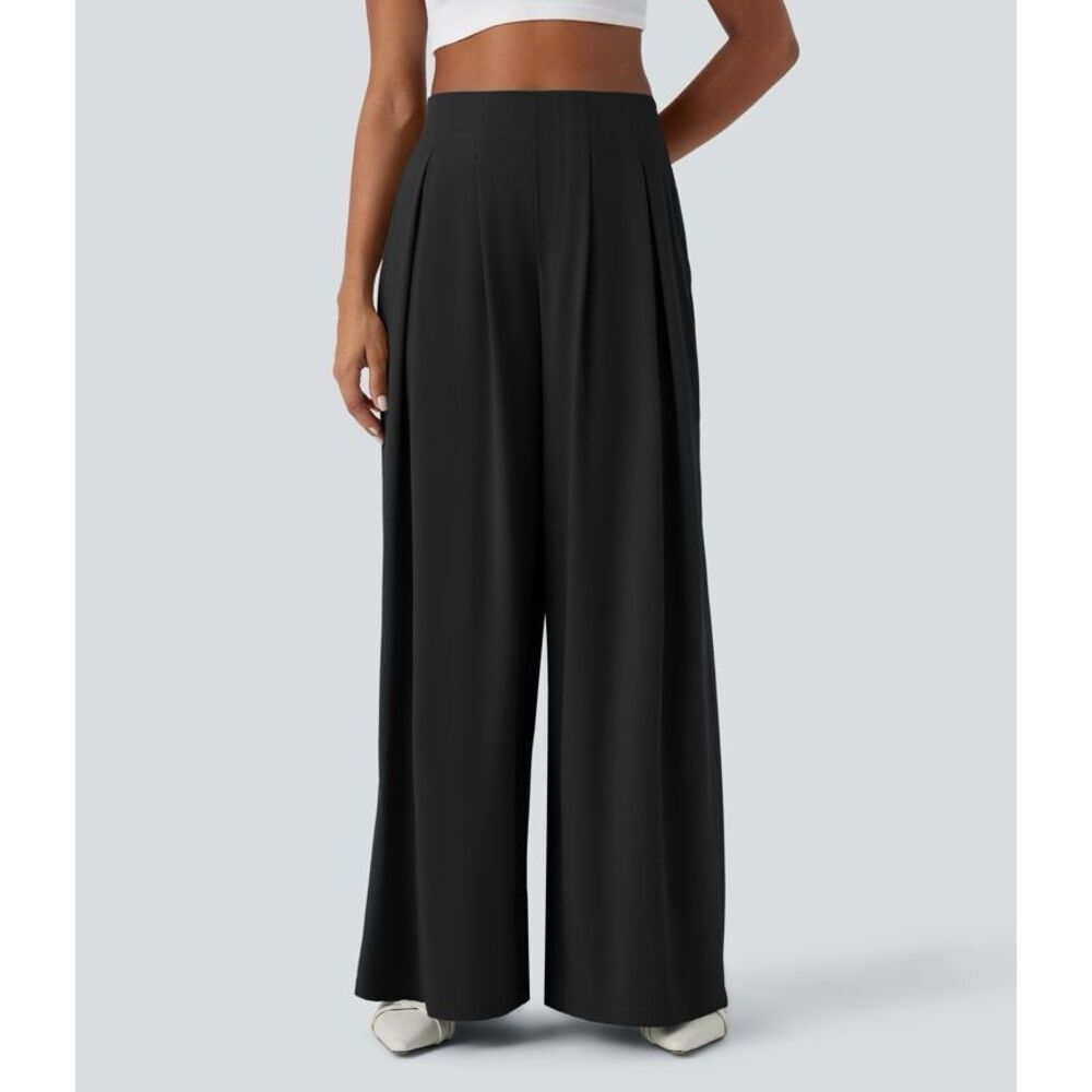 Halara High Waisted Pocket Shirred Wide Leg Flowy Palazzo Quick Dry Casual Pants